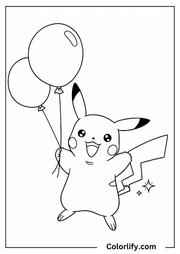 A coloring page of Pikachu holding a bunch of round balloons with ribbons.