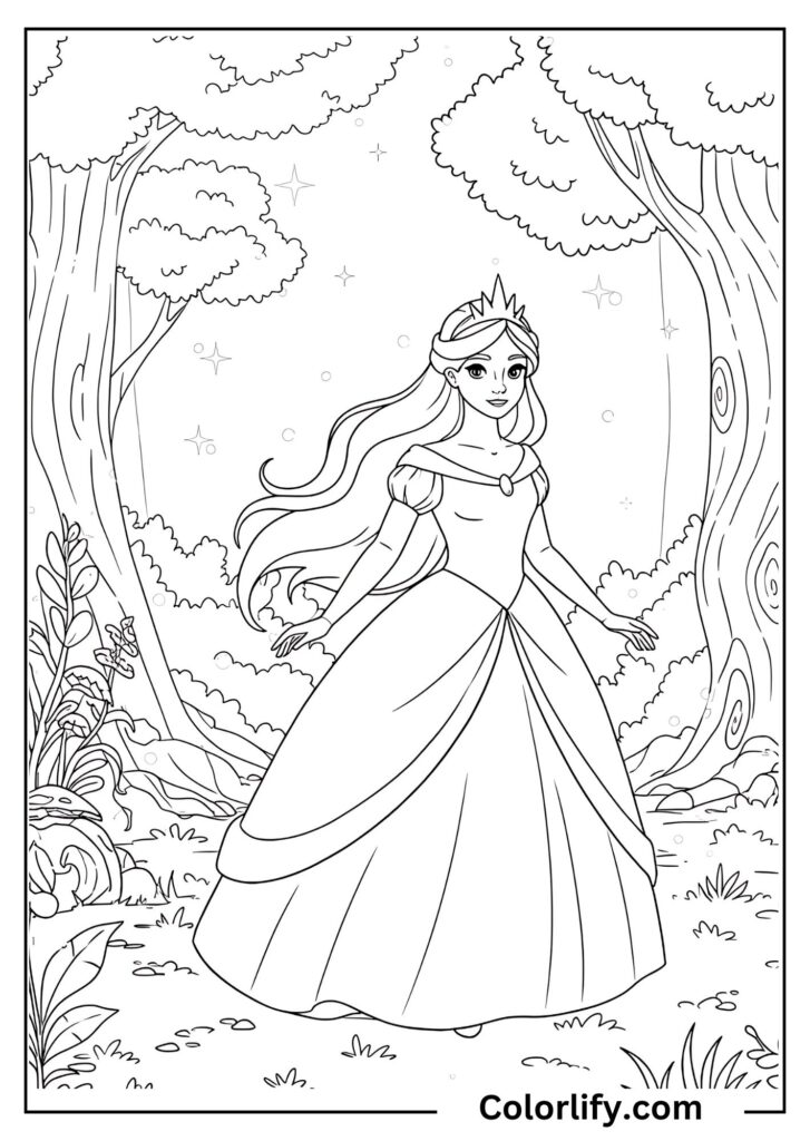 A coloring page of a brave princess venturing through an enchanted forest filled with towering trees and mystical woodland elements.