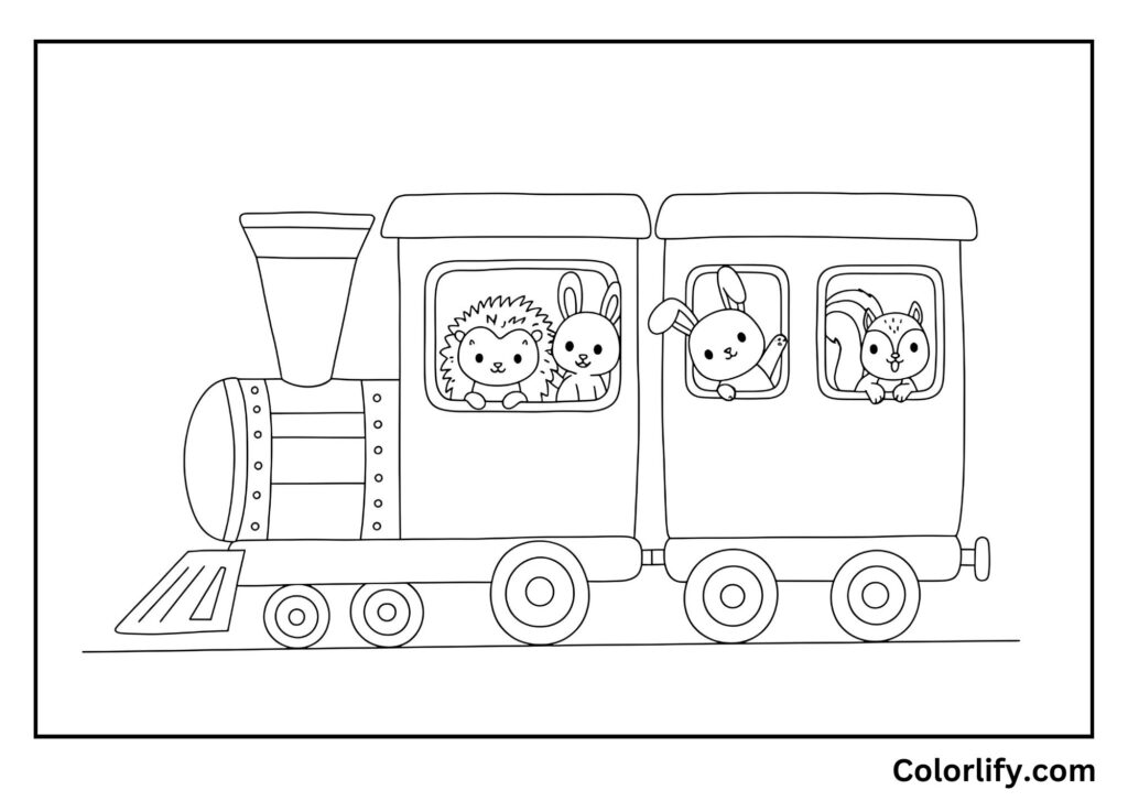 A coloring page of a train with little animal passengers looking out the windows.