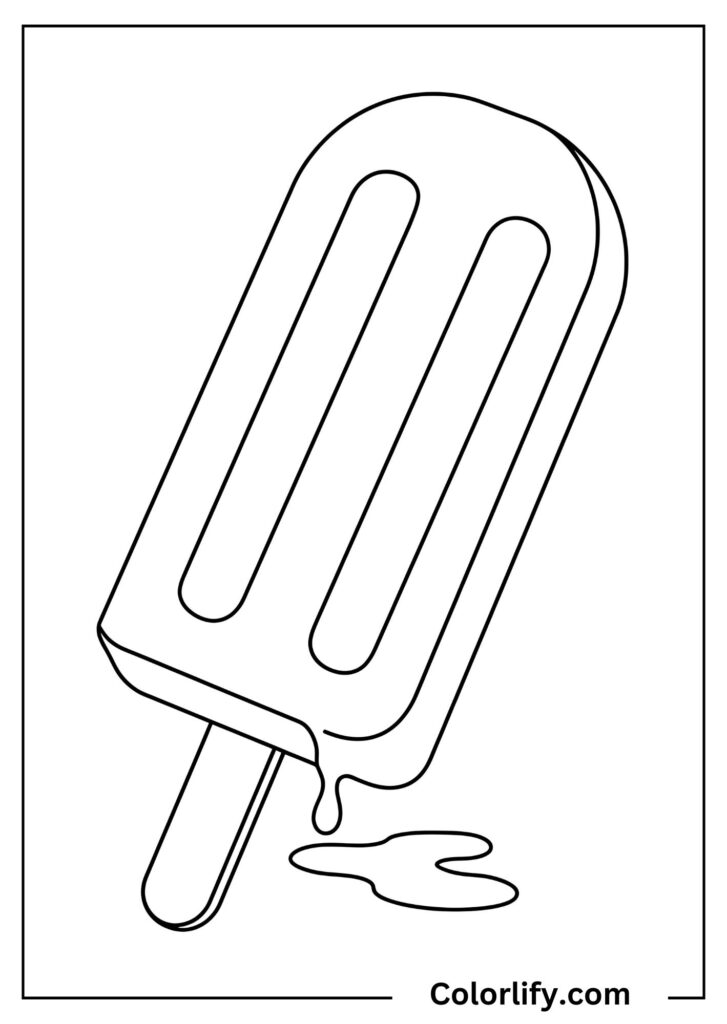 A coloring page of a melting popsicle on a stick dripping.