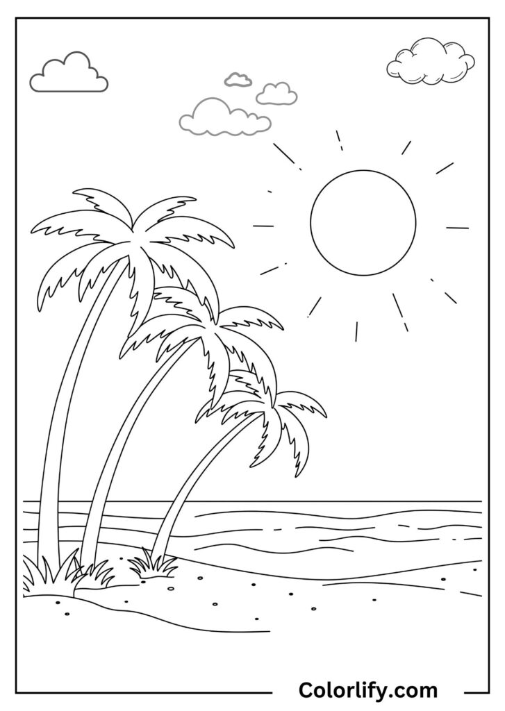 A coloring page of tropical palm trees swaying on a beach with bright sunshine, ocean waves, and a perfect summer paradise.