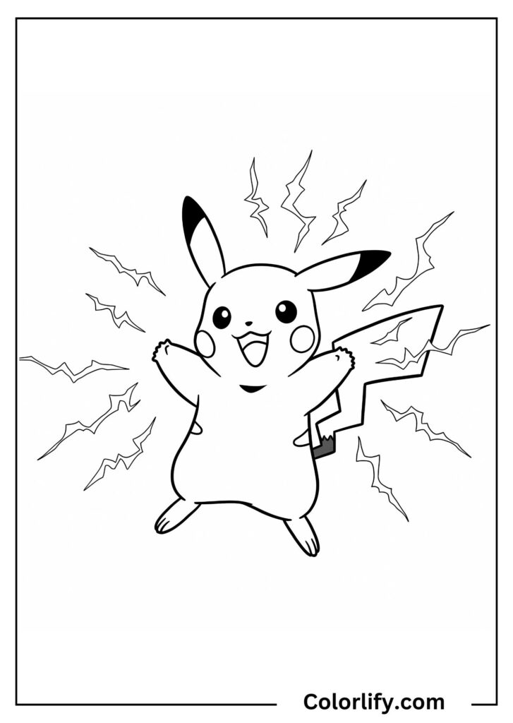 A coloring page of Pikachu surrounded by electric sparks and lightning bolts.