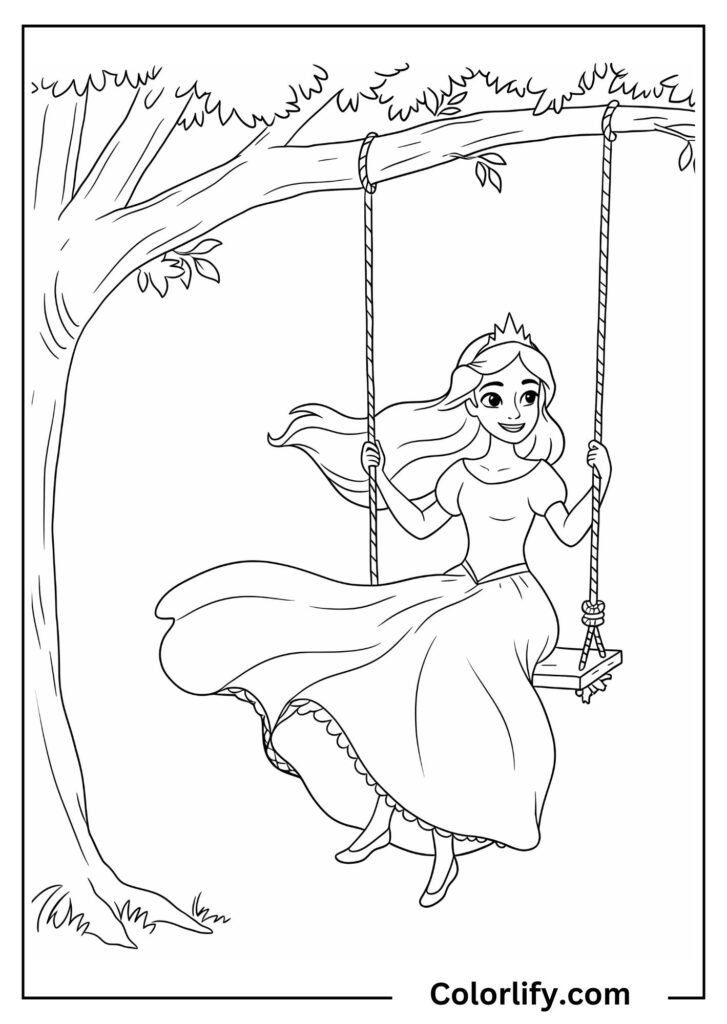 A coloring page of a carefree princess enjoying a peaceful moment on a garden swing surrounded by natural beauty.