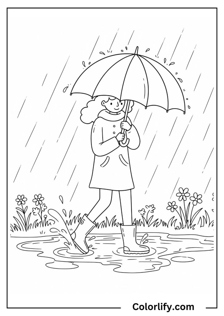 A coloring page of an umbrella and rubber boots beside blooming flowers and grass.