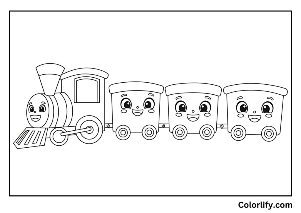 A coloring page of a train where each car has a different smiling face.