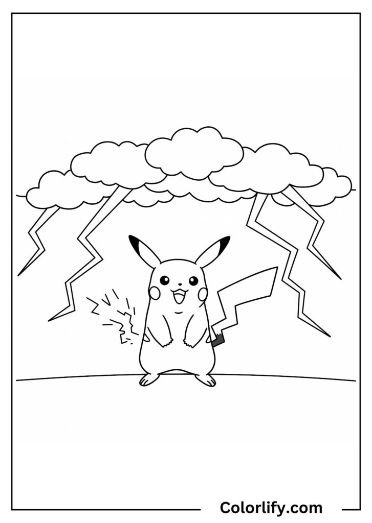 A coloring page of Pikachu standing beneath dark thunderclouds with lightning.