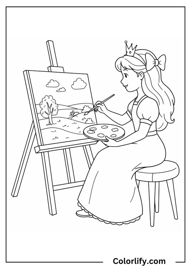 A coloring page of an artistic princess painting a masterpiece on an easel while engaged in creative artistic work.