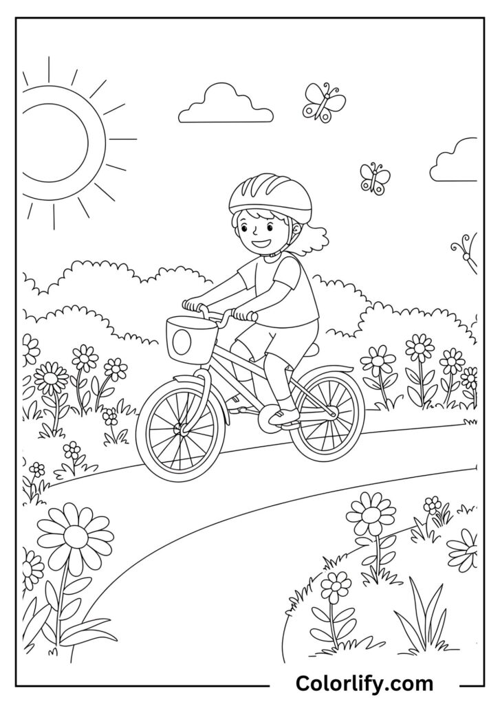 A coloring page of children riding bicycles through a scenic summer landscape with flowers, trees, and beautiful outdoor scenery.