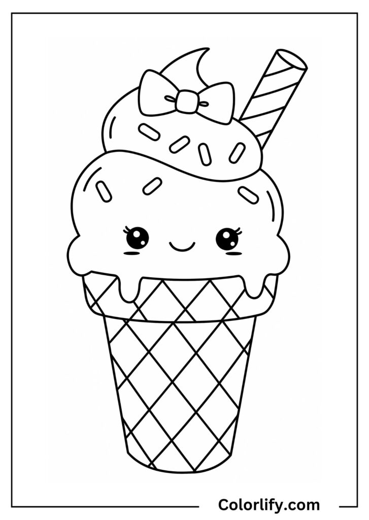 A coloring page of a smiling ice cream cone wearing a cute bow.