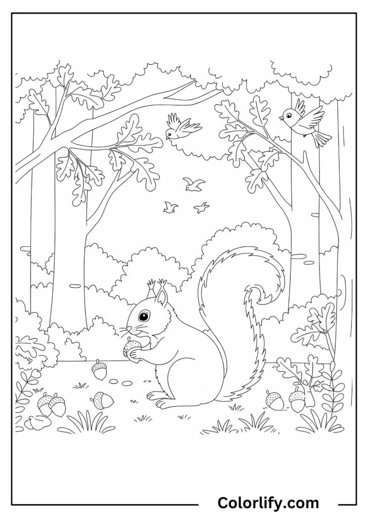 A coloring page of a squirrel gathering acorns among trees with detailed forest foliage.