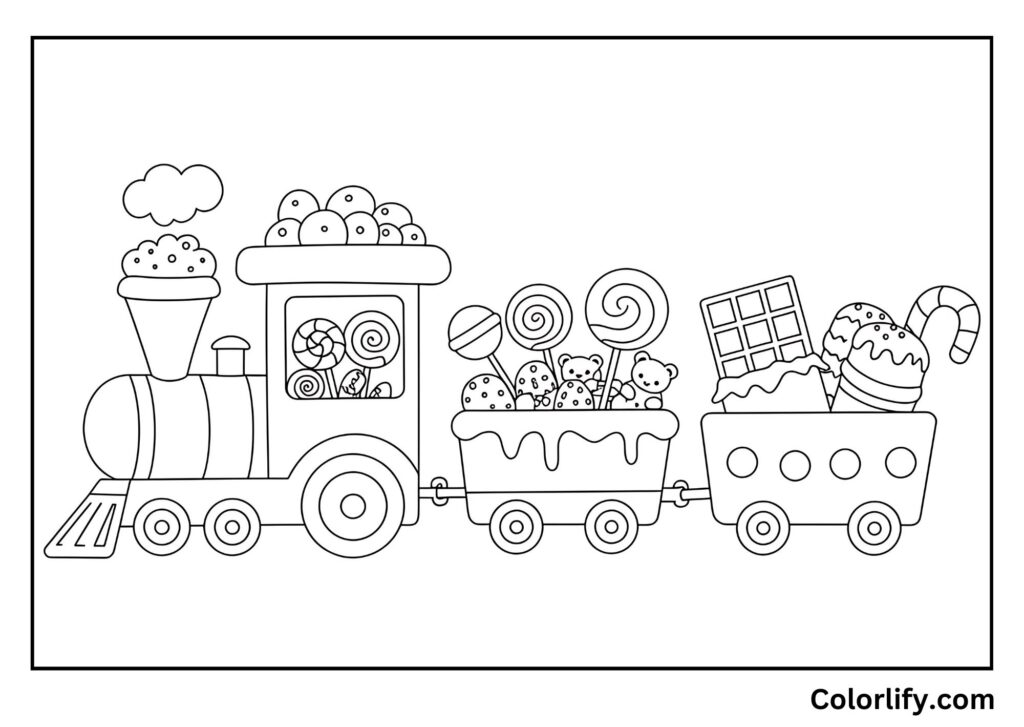 A coloring page of a train carrying sweet candy and confection-themed cars.