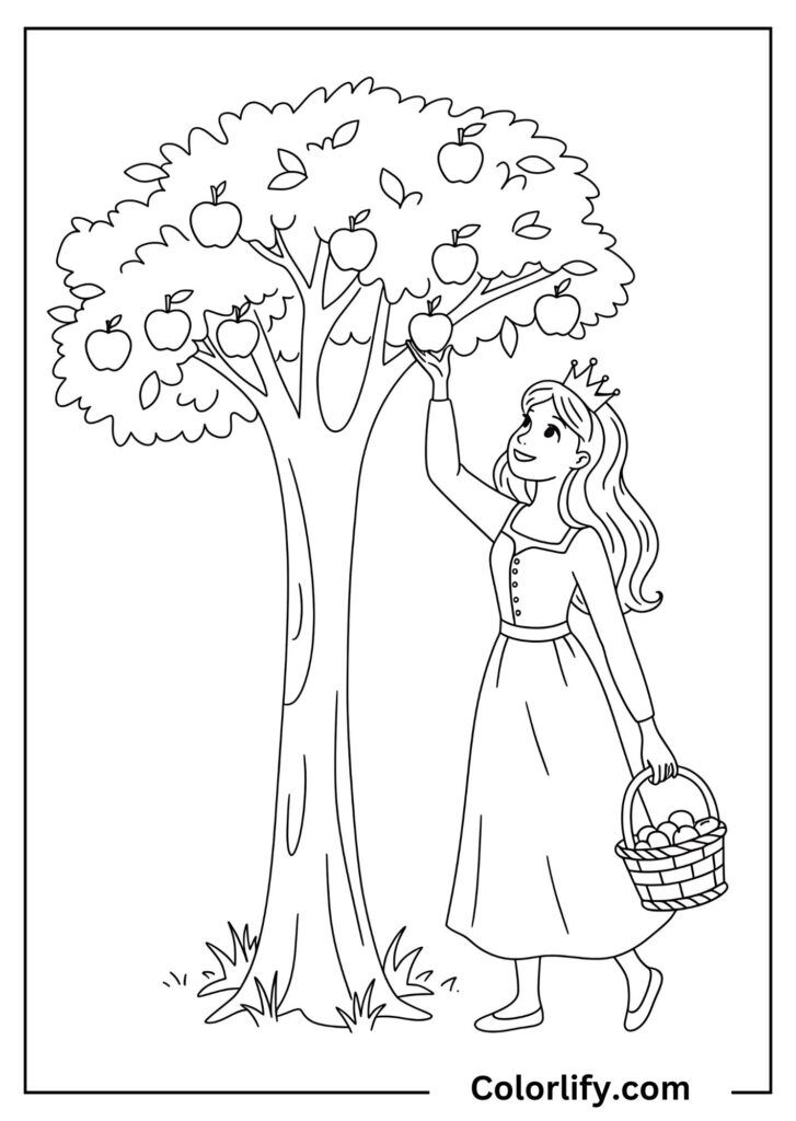 A coloring page of a hardworking princess picking fresh apples from an orchard tree with detailed fruit and foliage.