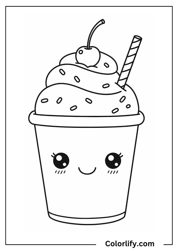 A coloring page of an ice cream cup with kawaii eyes and a happy smile.