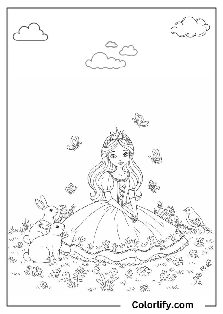 A coloring page of a kind-hearted princess playing and interacting lovingly with various woodland animals in a magical setting.