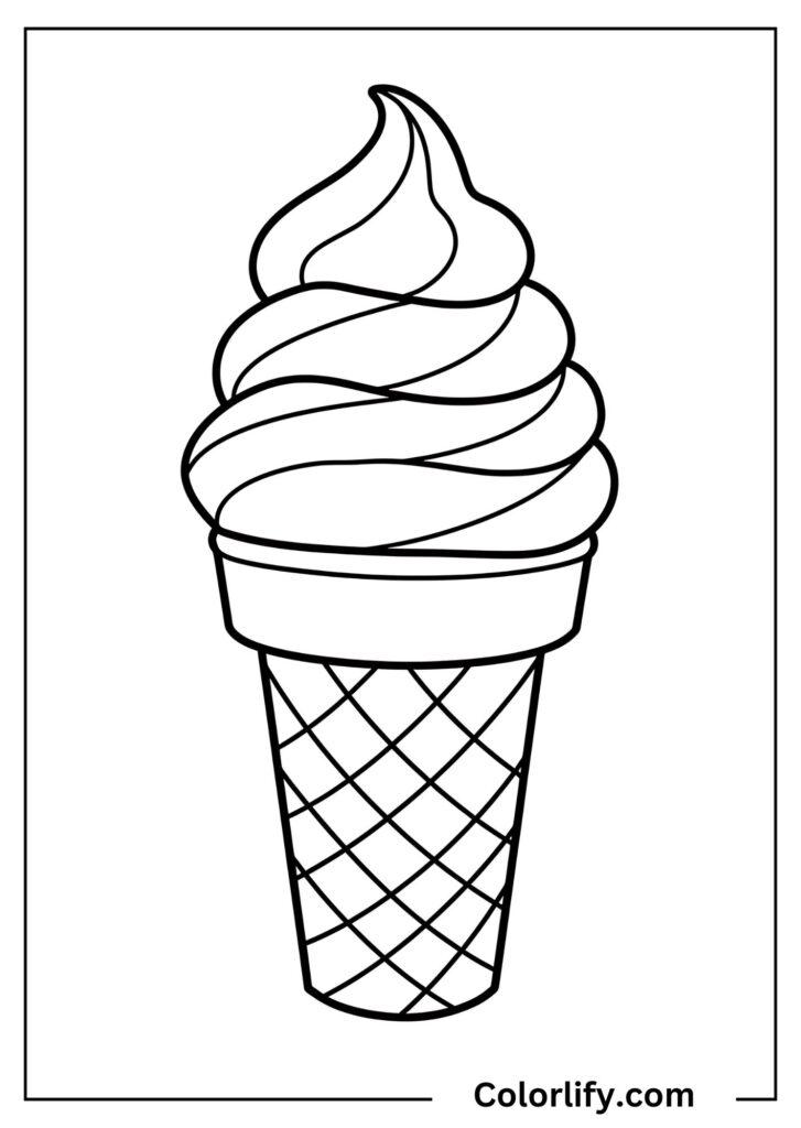 A coloring page of a classic soft-serve ice cream cone with swirled texture.