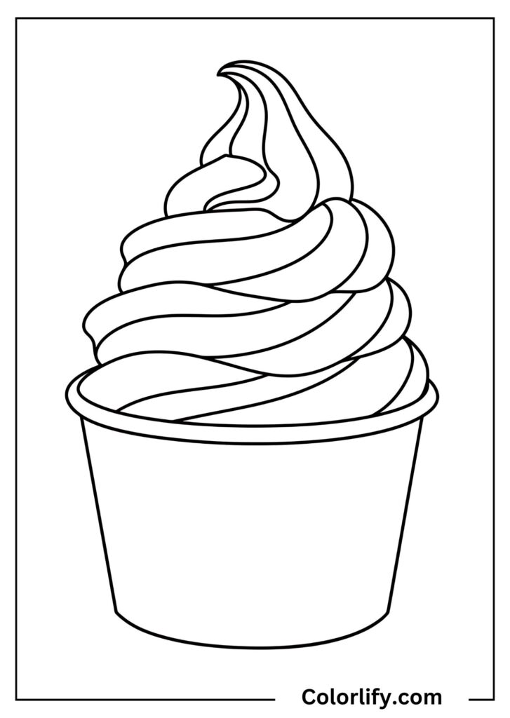 A coloring page of swirled ice cream served in a cup with spiral patterns.