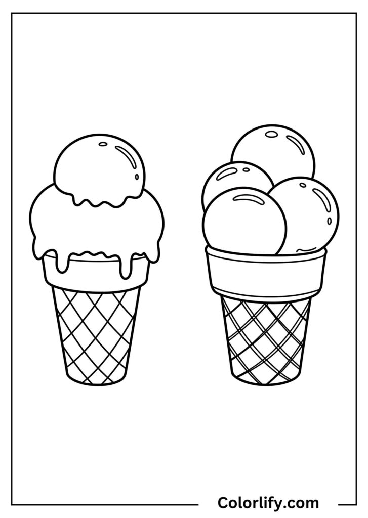 A coloring page of two ice cream cones standing side by side together.