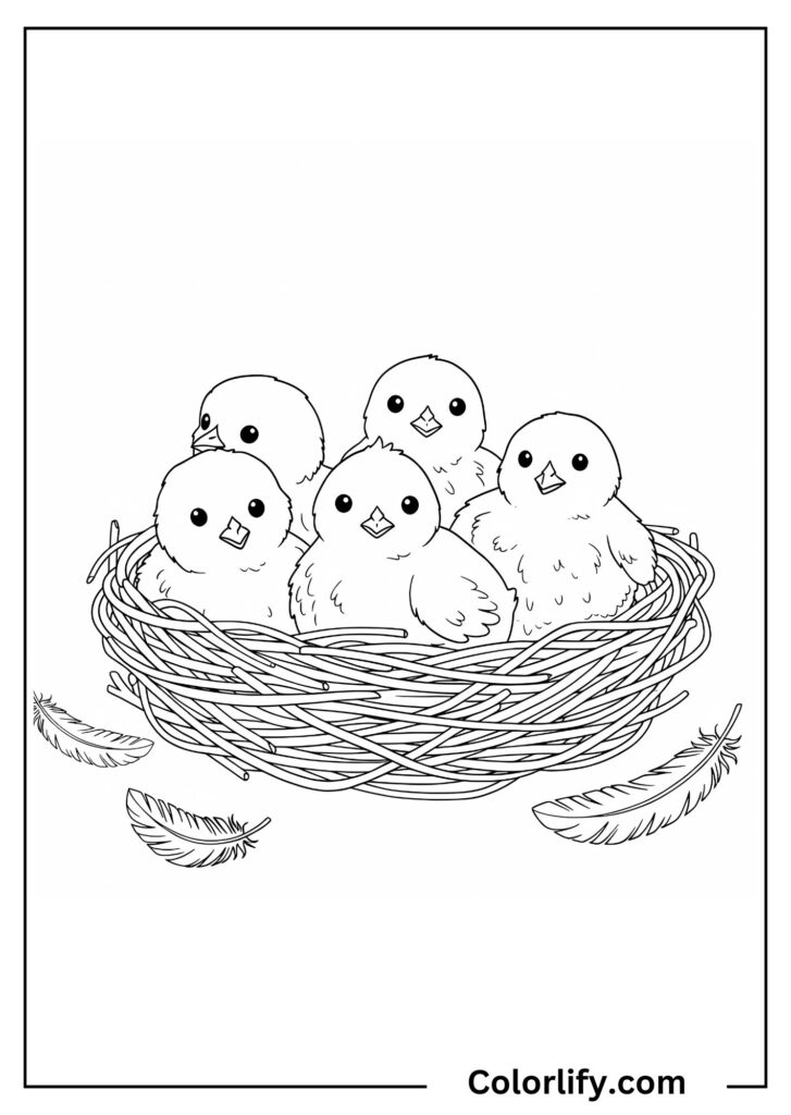 A coloring page of three baby chicks sitting together in a woven nest with twigs and grass.