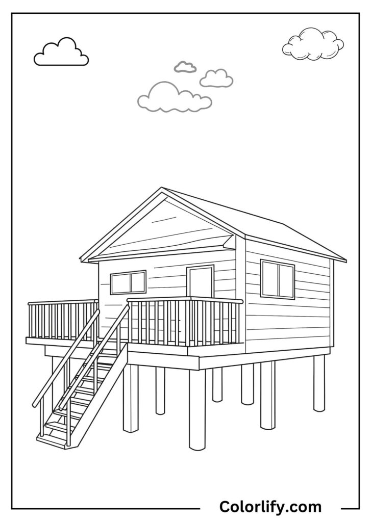 A coloring page of a charming coastal beach house elevated on sturdy stilts with stairs leading up to the entrance.