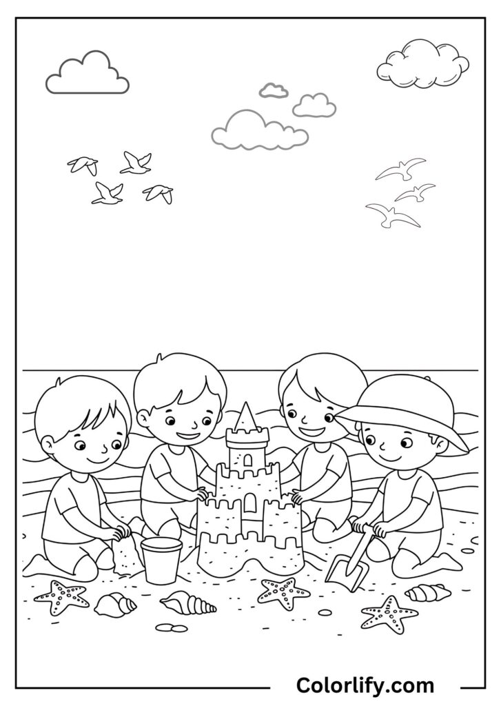 A coloring page of children working together to build a large sandcastle decorated with seashells under a cloudy summer sky.