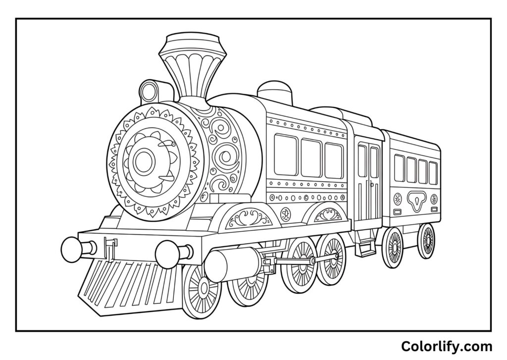 A coloring page of a classic steam locomotive with detailed mechanical features and traditional design.