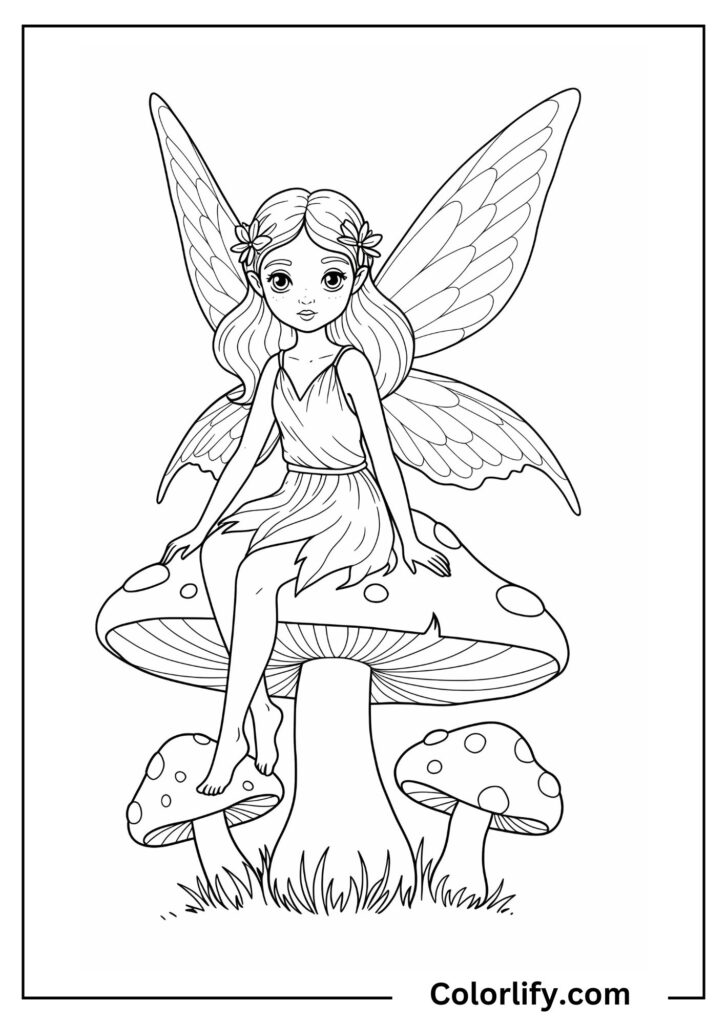 A coloring page of a fairy sitting on a spotted mushroom in a forest setting.