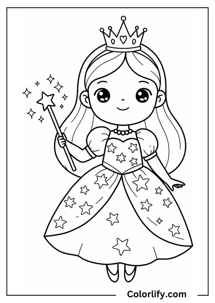 A coloring page of a cute young princess wearing a crown and holding a magical wand with sparkles around her.