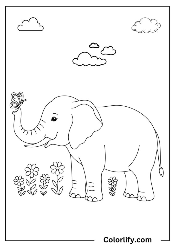 A coloring page of an elephant standing in a grassy field with a butterfly flying nearby under clouds.