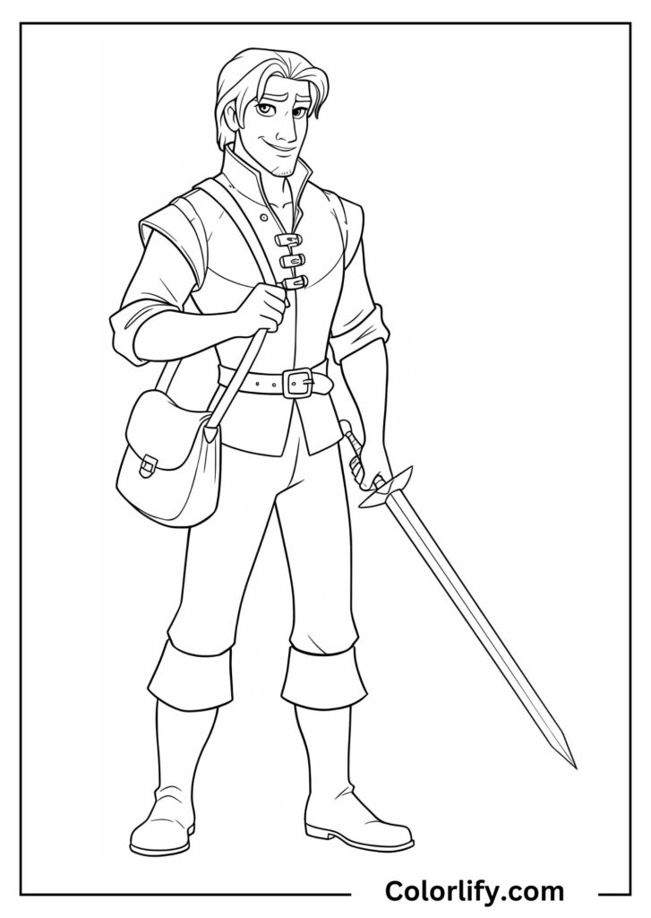 A coloring page of Flynn Rider standing confidently with his satchel, showing the charming thief in his classic adventurous pose.