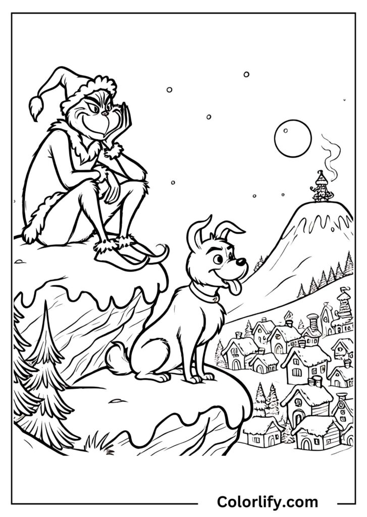 A coloring page of the Grinch sitting with Max on Mount Crumpit under a full moon.