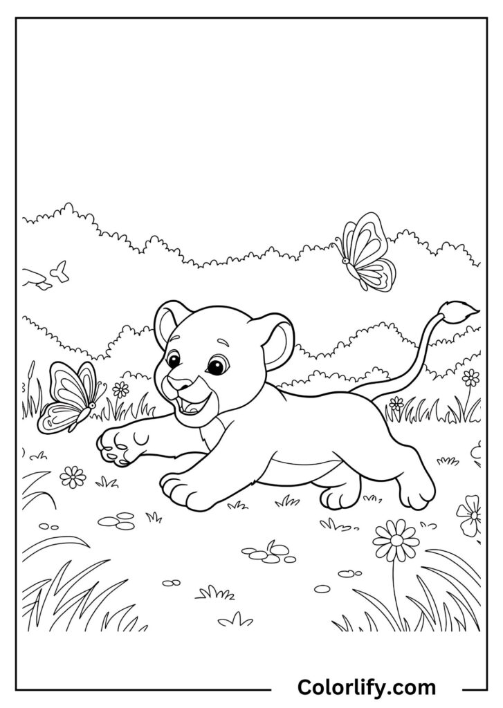 A coloring page of a curious lion cub reaching toward a butterfly, showing the gentle wonder of young lions discovering their world.