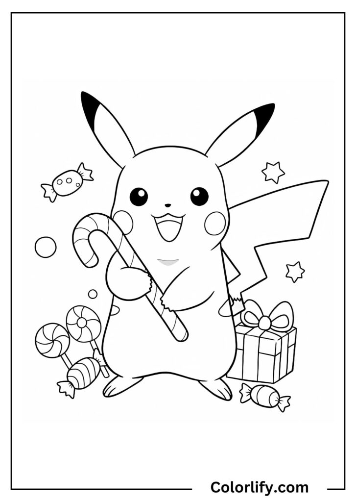 A coloring page of Pikachu holding a striped candy cane with sparkles around it.