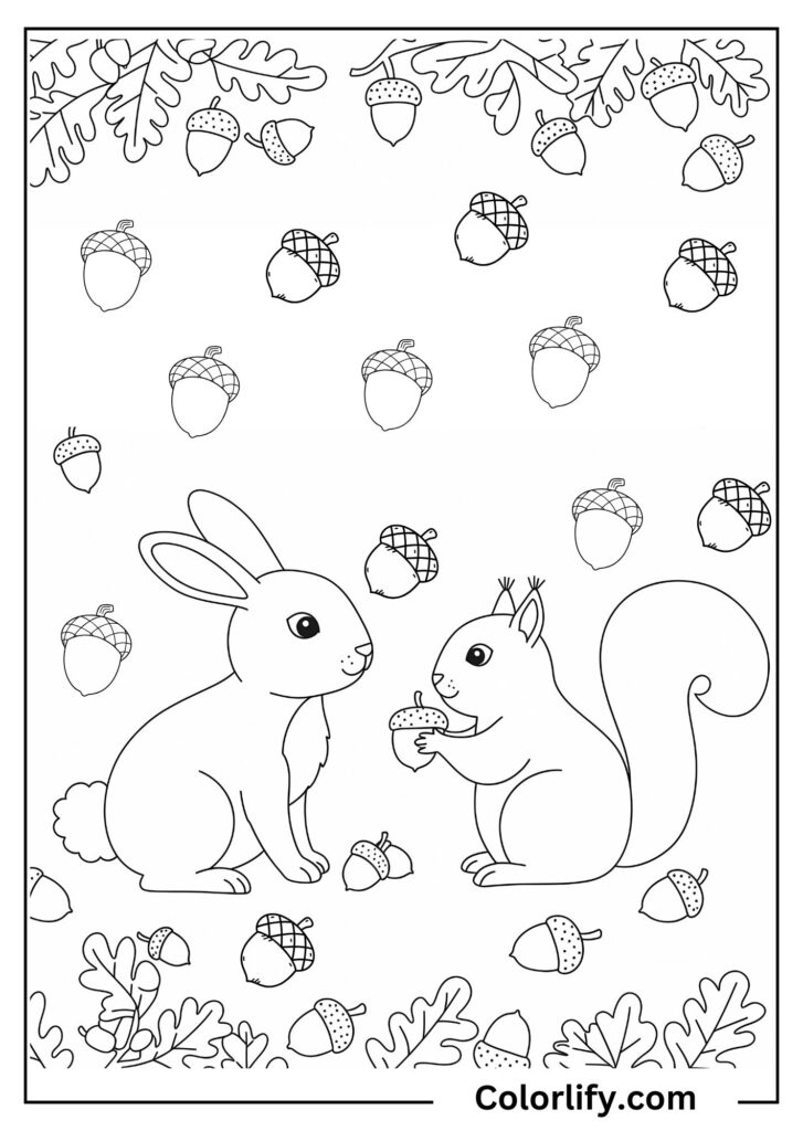 A coloring page of a friendly rabbit and squirrel sharing acorns and nuts together in a woodland scene with scattered forest treats.
