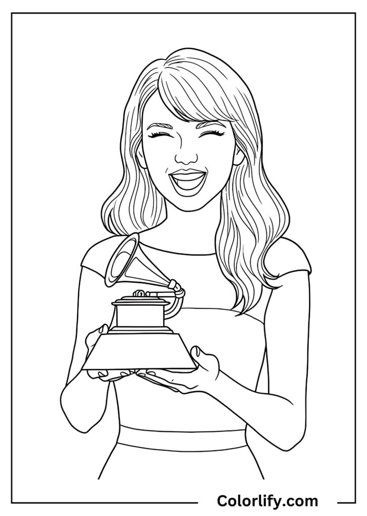 A coloring page of Taylor Swift smiling brightly while holding up a Grammy Award trophy in celebration of her musical achievements.