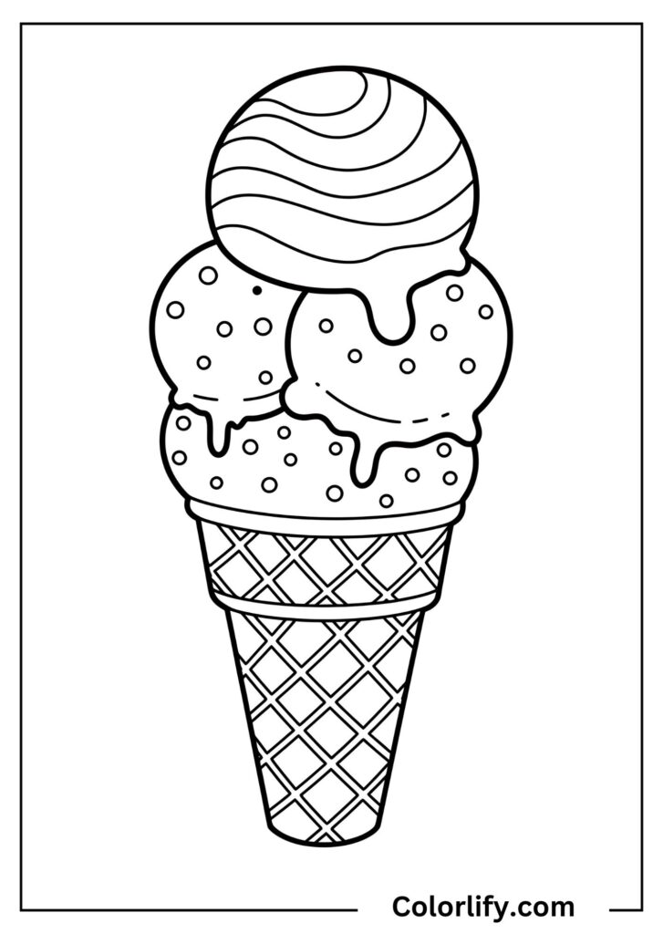 A coloring page of a triple-scoop ice cream cone stacked with different flavors.