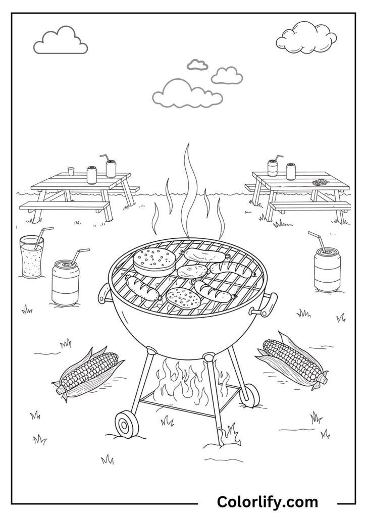 A coloring page of a backyard barbecue scene featuring a grill with food, outdoor dining table, and summer party atmosphere.