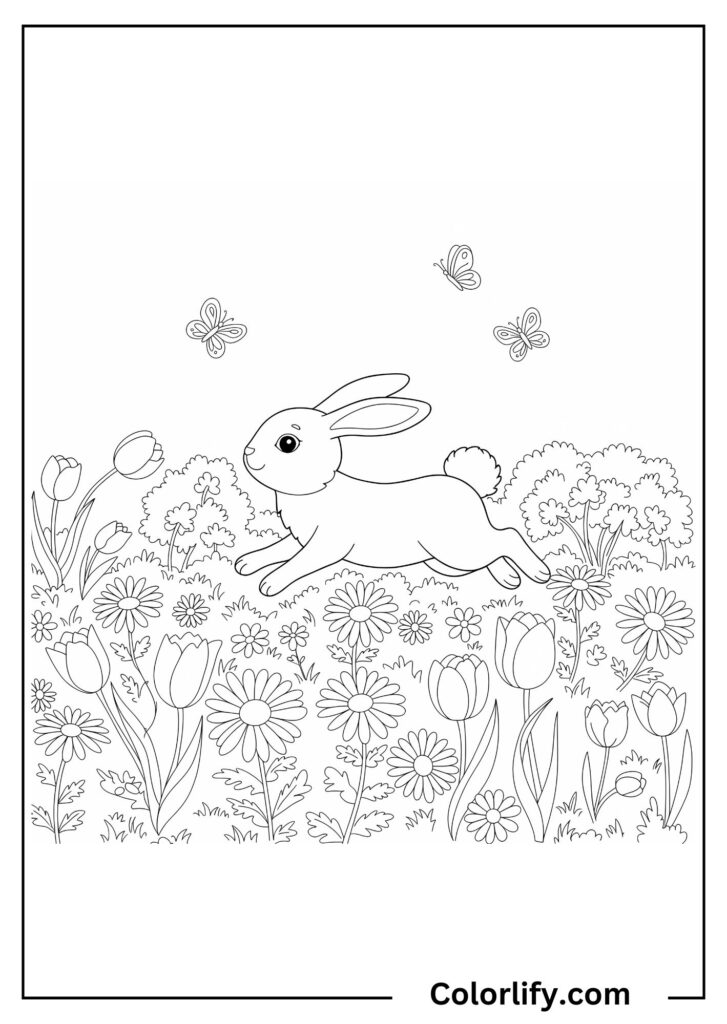 A coloring page of a rabbit sitting in a field of wildflowers and tall grass.