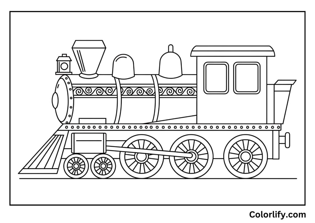 A coloring page of a vintage steam train with passenger cars and authentic railroad details.