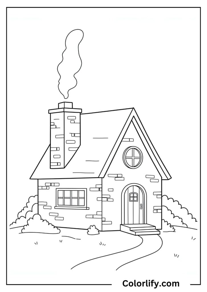A coloring page of a quaint countryside cottage featuring a tall brick chimney with smoke curling upward into the sky.