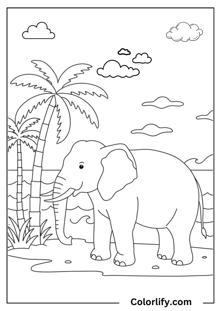A coloring page of an elephant walking among tall palm trees in a tropical setting with clouds.
