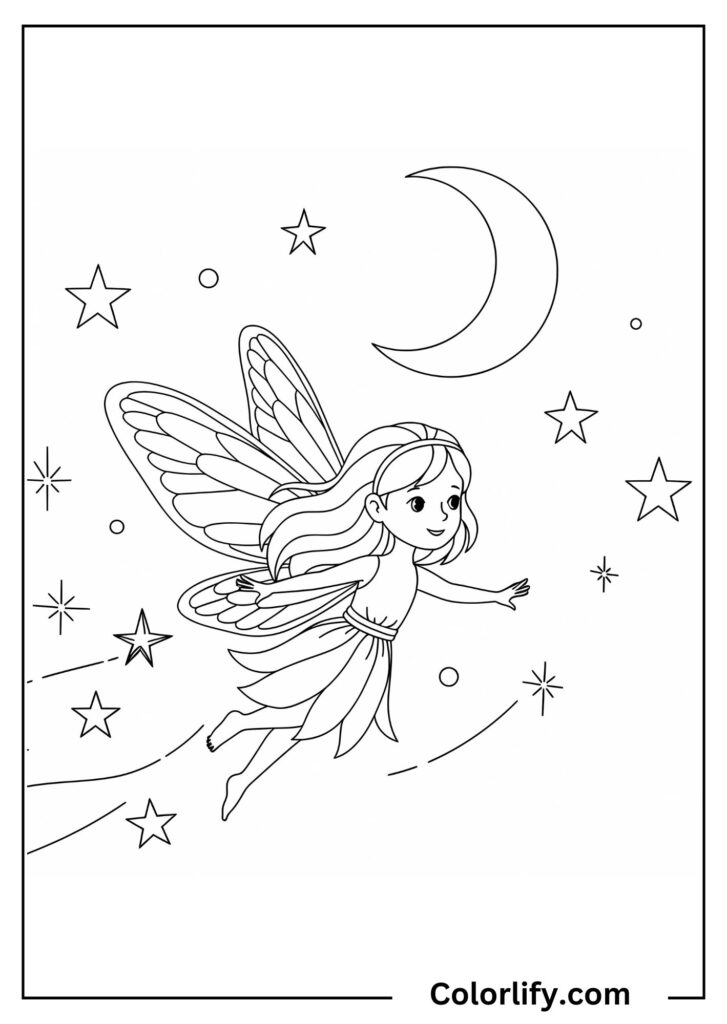 A coloring page of a fairy flying through a night sky filled with stars and a crescent moon.