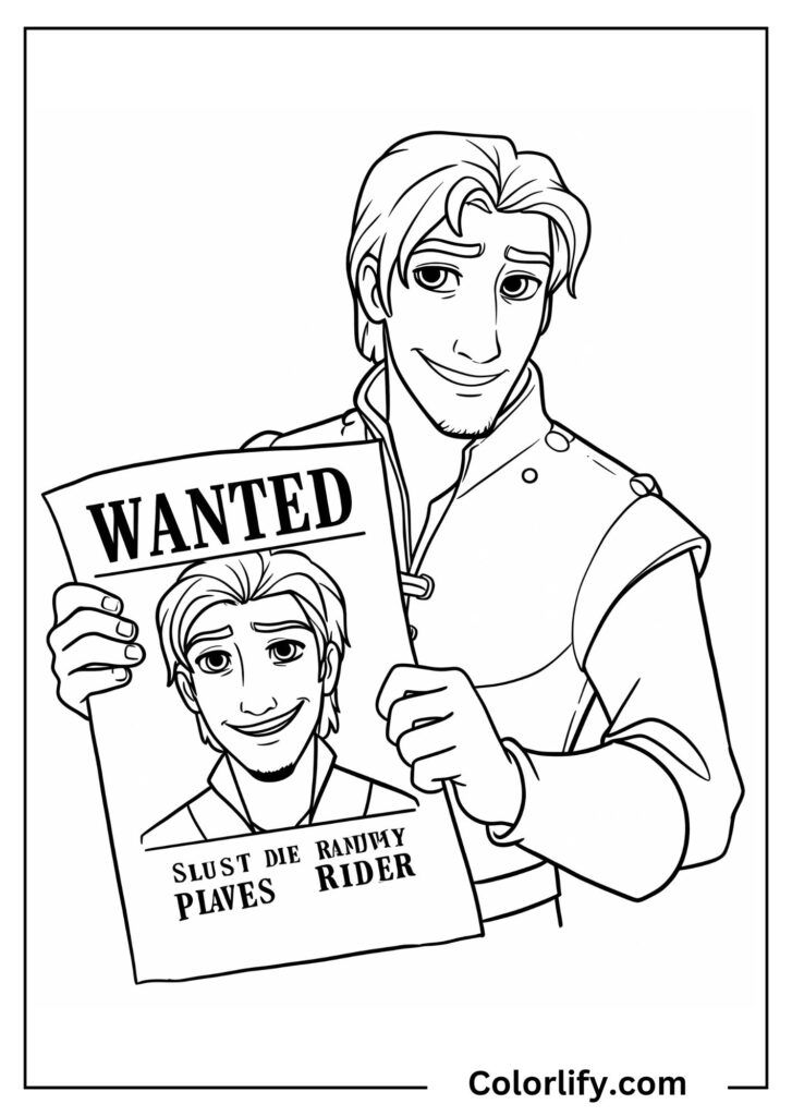 A coloring page of Flynn Rider holding his own wanted poster with a smirking expression, displaying his notorious reputation with humor.