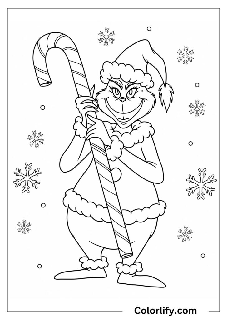A coloring page of the Grinch holding a large candy cane surrounded by falling snowflakes.