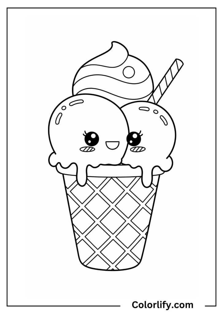 A coloring page of an ice cream cone with a rainbow-swirled scoop on top.