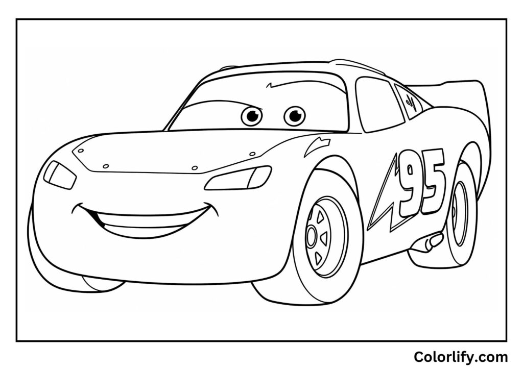 A coloring page of Lightning McQueen in his classic confident pose showing his sleek racing design.