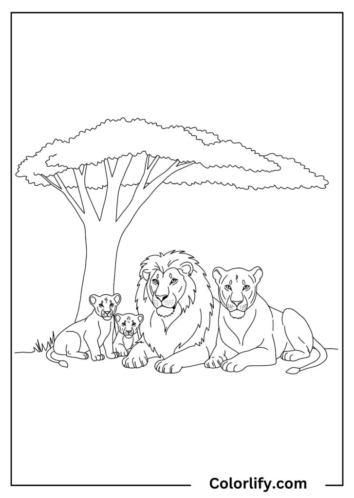 A coloring page of a lion family resting peacefully under an acacia tree, illustrating the strong bonds of pride life.