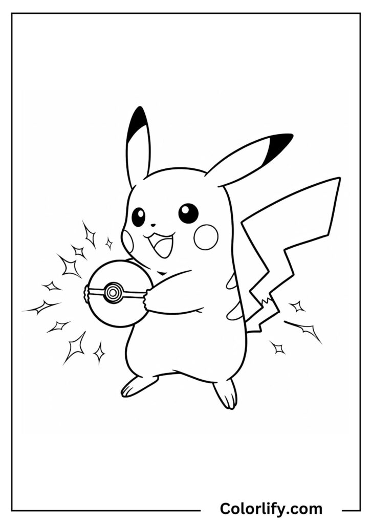 A coloring page of Pikachu standing next to a Poké Ball with its arms outstretched.