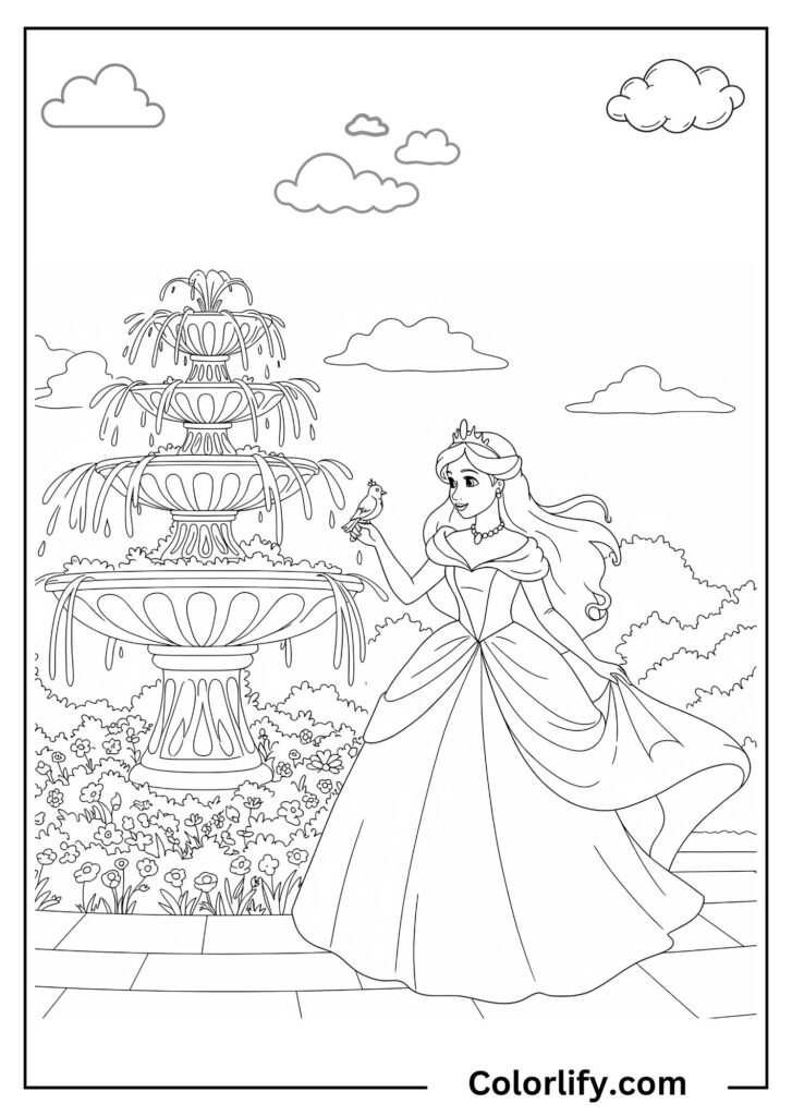 A coloring page of a beautiful princess standing beside an ornate fountain in palace gardens surrounded by flowers and architectural details.
