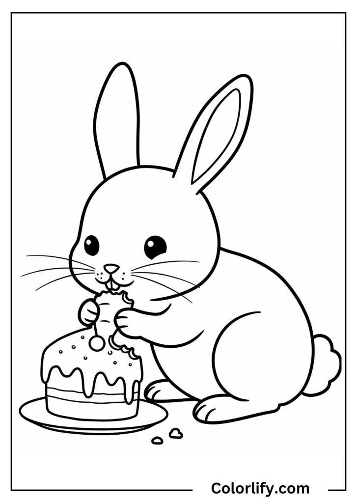A coloring page of a sweet bunny sitting next to a delicious carrot cake with detailed frosting and decorative elements.