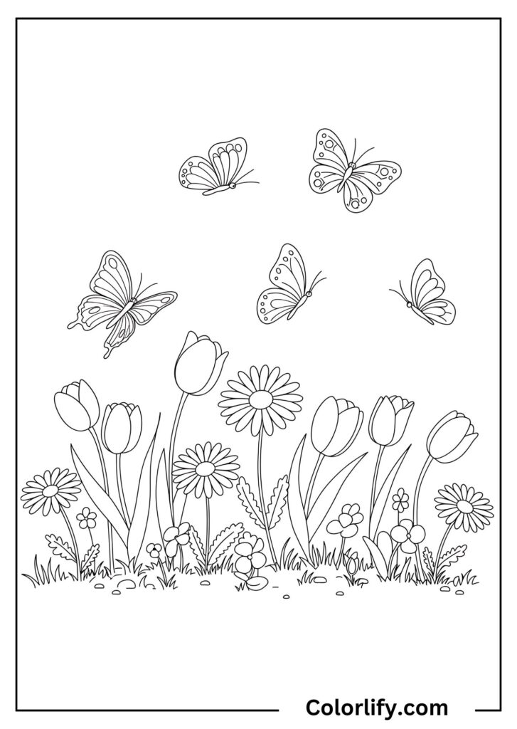 A coloring page of butterflies flying around detailed flowers in a garden scene.